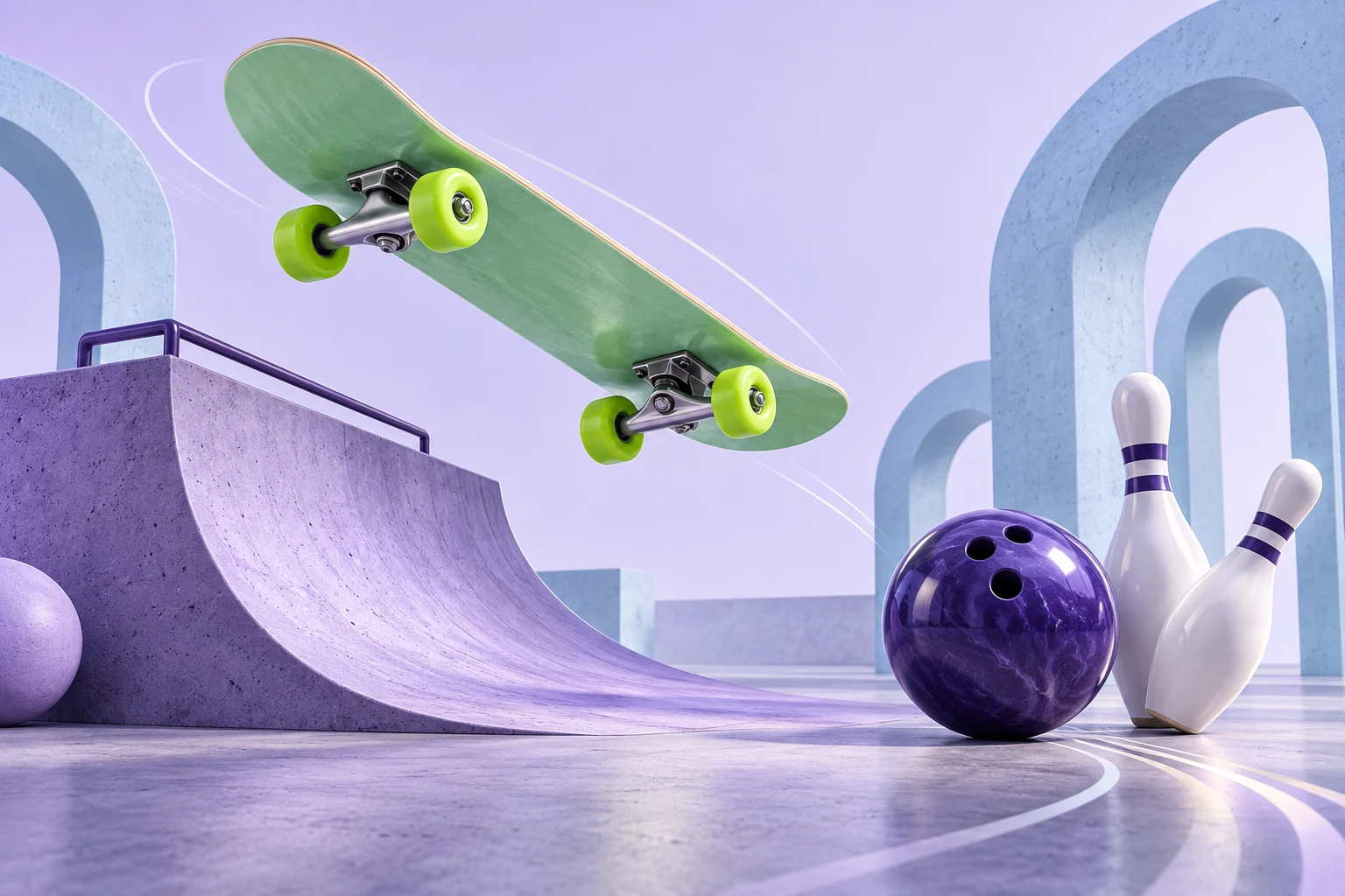 Illustratie van een groen skateboard boven een paarse skateramp, met bowlingbal en kegels.